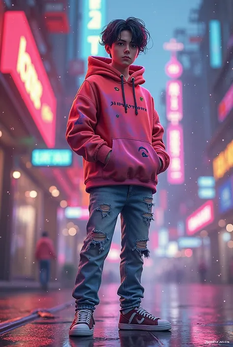 Red and pink mixed hoodie with drip jeans gender boy anime