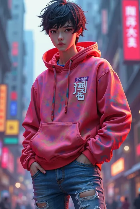 Red and pink mixed hoodie with drip jeans gender boy anime