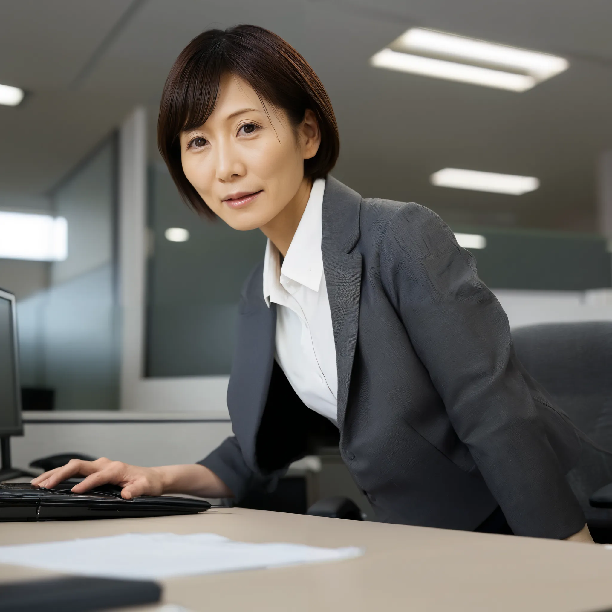 40-year-old Japanese woman、 Skinny Body 、very short hair、 white shirt、gray jacket、Wearing a gray skirt、 office desk、looking here