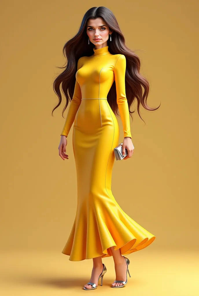  Woman, Realistic, long hair, wavy hair, dark honey hair with blonde highlights and black highlights, yellow dress with high collar transparent in the lap with long sleeves, fine silver high-heeled sandal, silver earring , small silver bag, The dress is al...