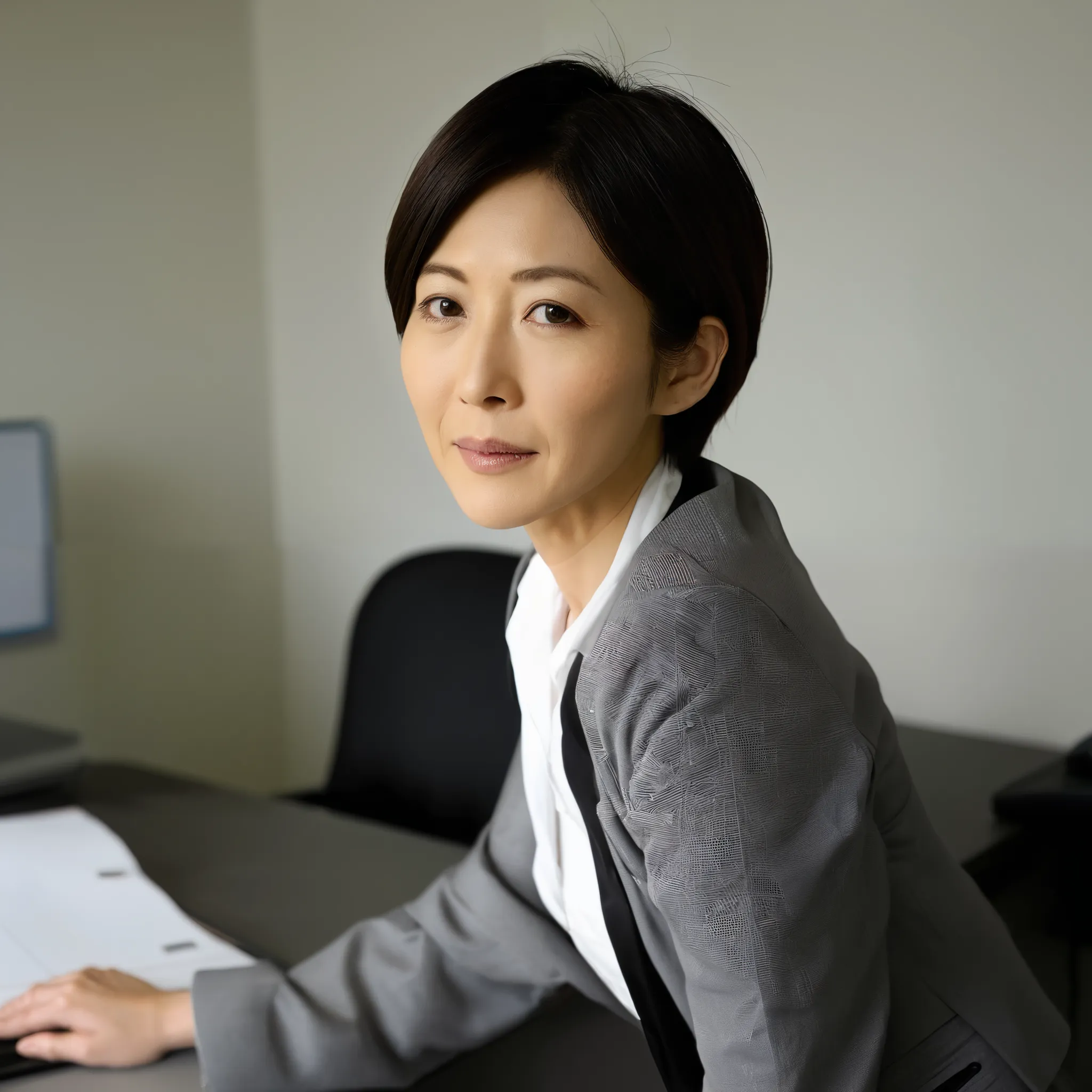 40-year-old Japanese woman、 Skinny Body 、very short hair、 white shirt、gray jacket、Wearing a gray skirt、 office desk、looking here