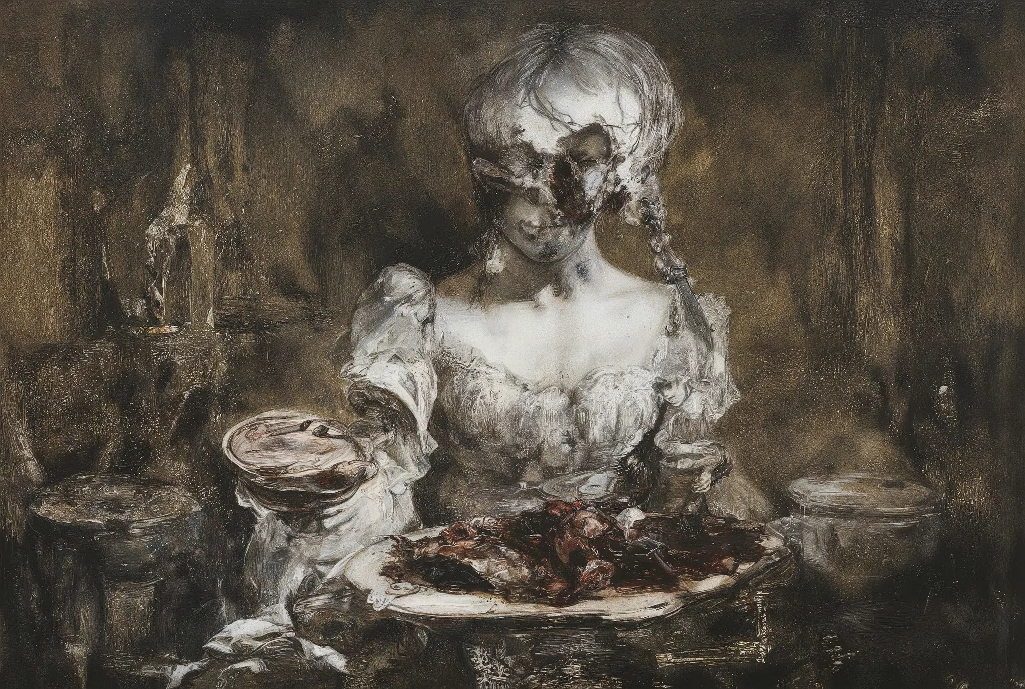 A haunting oil painting depicts a young girl seated behind a dimly lit, ornate dinner table in a posh, yet eerie dining room. Her Victorian-era dress and side braids are juxtaposed with the gruesome plate before her, filled with blood and a human heart. Th...