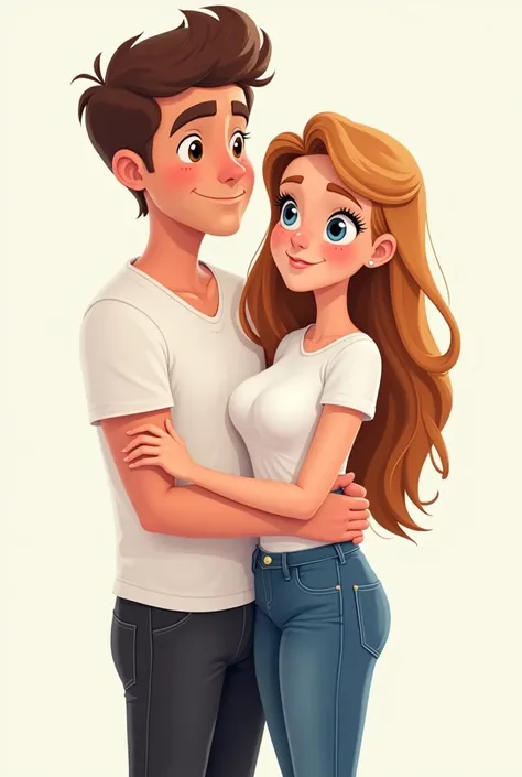 A 25-year-old guy with brown eyes tall light brown hair big in a white t-shirt and black jeans hugs a 23-year-old girl with long light brown hair and blue eyes in a white t-shirt and blue jeans with big breasts cartoon 