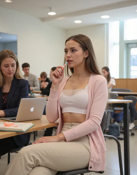 "Eden, a 23-year-old university student from Hamburg, tall and slender with long, dark blonde hair, sitting in a bright, modern lecture hall. She wears a cute pastel cardigan over a white crop top, paired with high-waisted wide-leg trousers. She holds a pe...