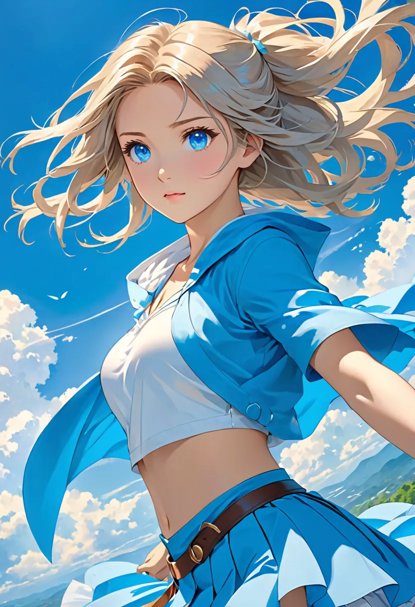 Anime girl she is a Super Hero she is saving the all world She has her Hair Sky Blue  and Her Eyes is Sky Blue and her clothes or Skirt Sky blue  most Beautiful Human Girl and Half Warrior Hero