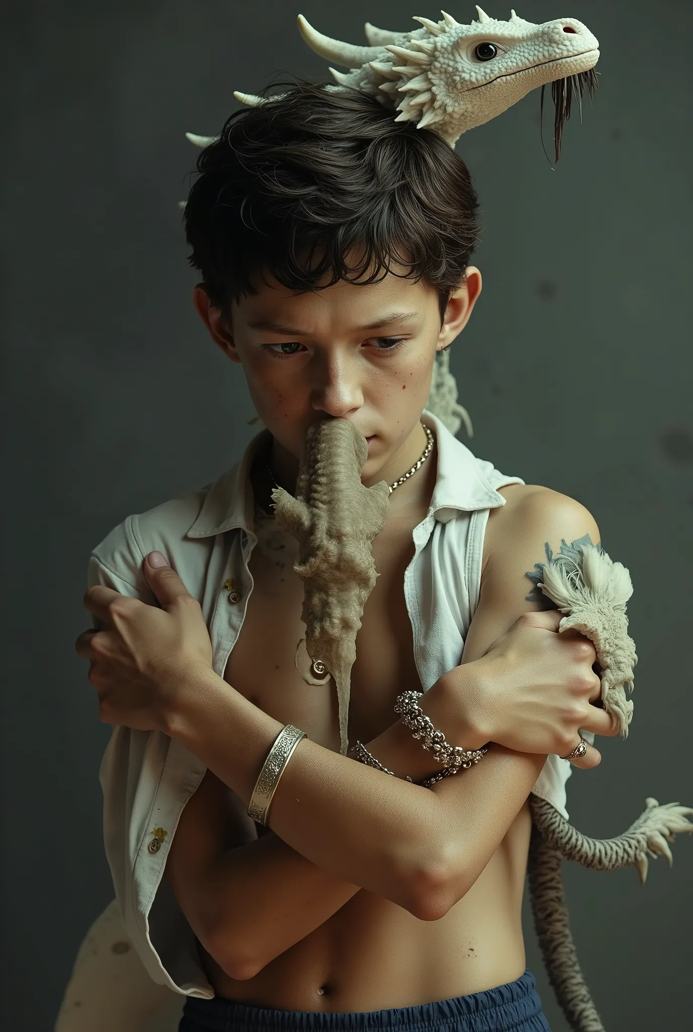 AS TOM HOLLAND, (((LITTLE CUTE YOUNG BOY))), (fantasy art), 1 boy, about ,, IN BATHROOM, AI NIGHT, NO LIGHT, , beautiful, perfect face, sweet face, with a fantastic big white dragon, dark eyes, fantastic clothes with bare arms and legs , medium mane dark h...