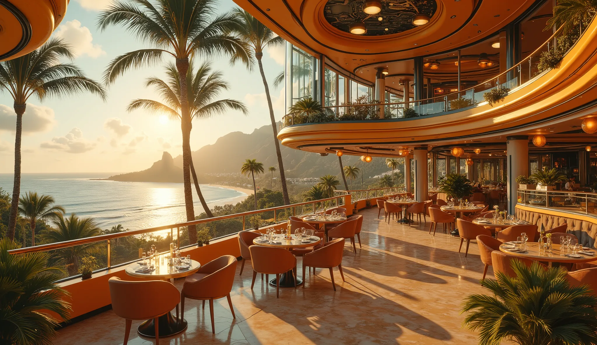 bird's eye view of a ((very large, elegant, futuristic retro style restaurant)) overlooking the magnificent bay of Hawaii with hight mezzanine in pastels colors ambience inspired by Denis Fremont, Denis Fremont masterpiece, in style of Hajime Sorayama, sun...