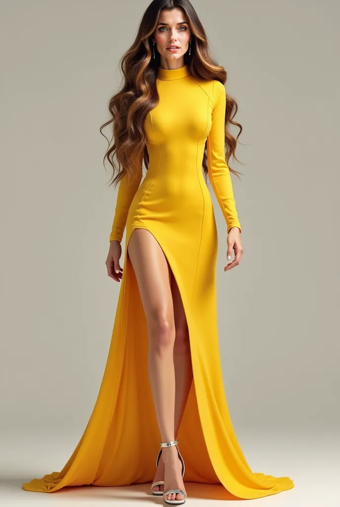  Woman, Realistic, long hair, wavy hair, dark honey hair with blonde highlights and black highlights, yellow dress with high collar transparent in the lap with long sleeves, fine silver high-heeled sandal, silver earring , small silver bag, The dress is al...