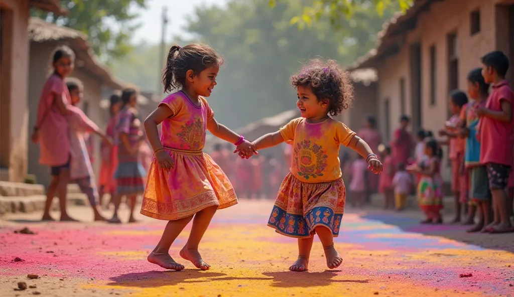 Young Boy and young girl dancing in group during Holi in village.real photo 