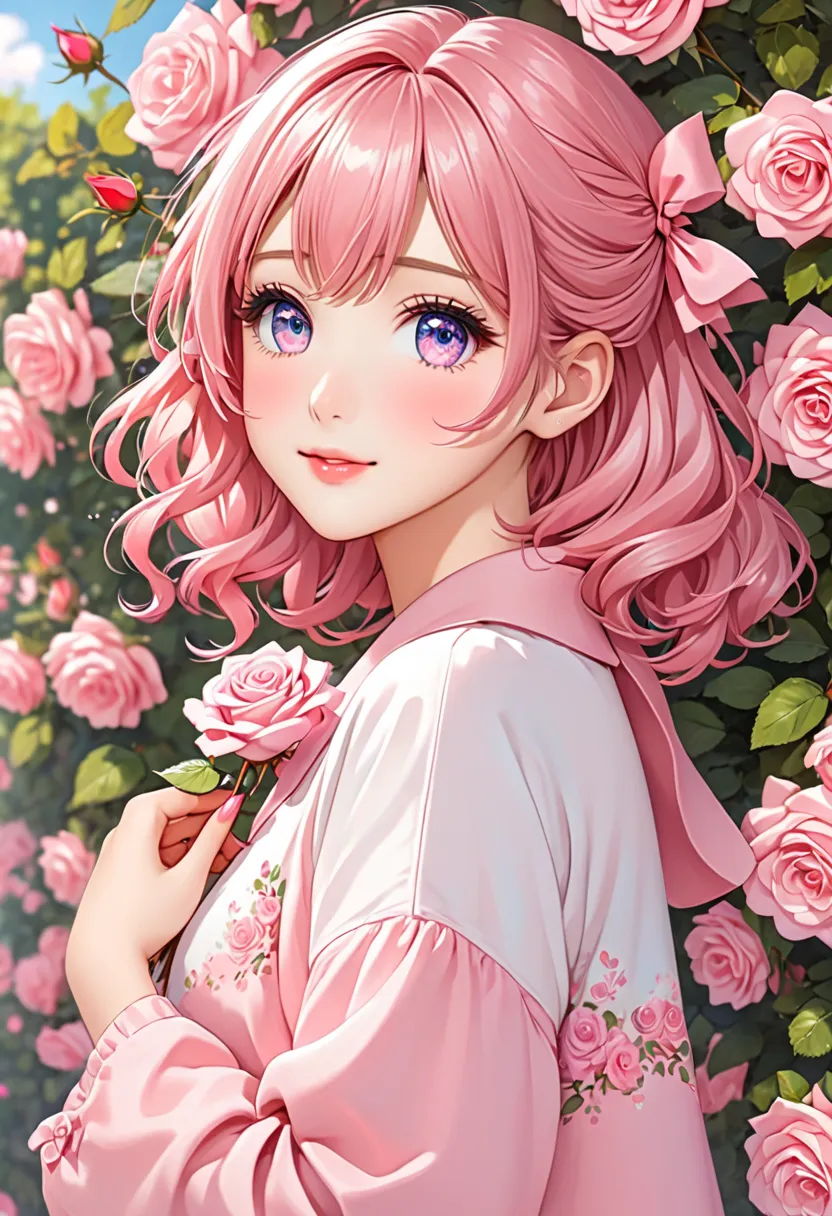 Anime girl she is a Normal Cute girl She has her Hair Rose Pink  and Her Eyes Rose Pink and her clothes or Rose Pink most Beautiful Human Girl She is doing Sweet Nice person