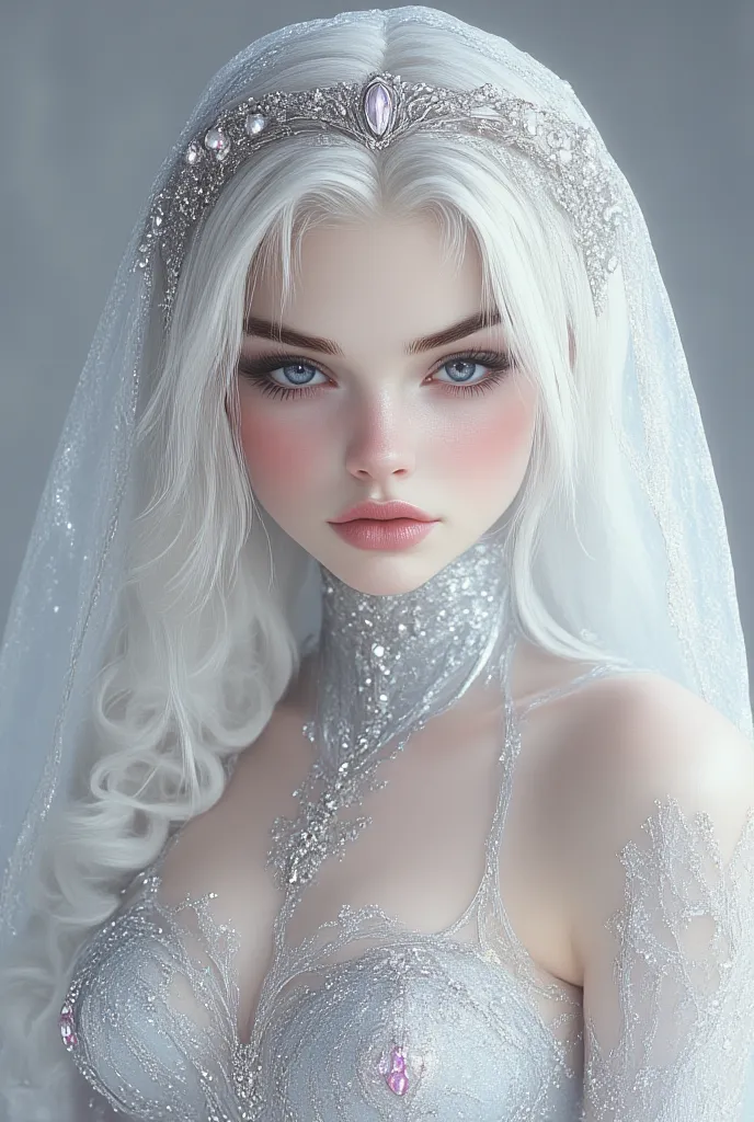 
A masterpiece, lips, t-shirt,  official art, beautiful and aesthetic:1.2, 1 girl:1.3, extremely detailed, fractal art:1.3, snow-white hair platinum plated white gold crown with pearls and diamonds silver dress full of diamonds with a matching veil 