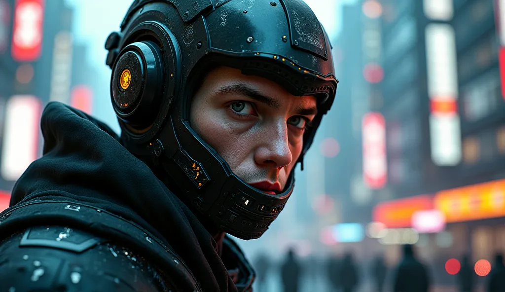 a close up of a person wearing a helmet in a city, cyberpunk art style, hyper-realistic cyberpunk style, cyberpunk vibes, cyberpunk dude, cyberpunk vibe, cyberpunk futuristic neo, has cyberpunk style, cyberpunk aesthetic, cyberpunk futuristic, cyberpunk ae...