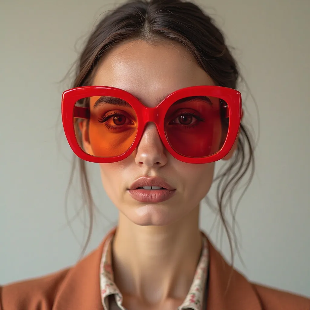 Una mujer usando un marco de gafas aumento 👓 rojo