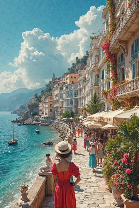 Photo d'un magnifique phare coloré de toute les couleurs, avec un magnifique hotel palace méditerranéen à côté, à la façade blanche et remplie de belles fleurs sur les balcons, avec des hommes et femmes habillés en vêtements et chapeaux colorés des années ...