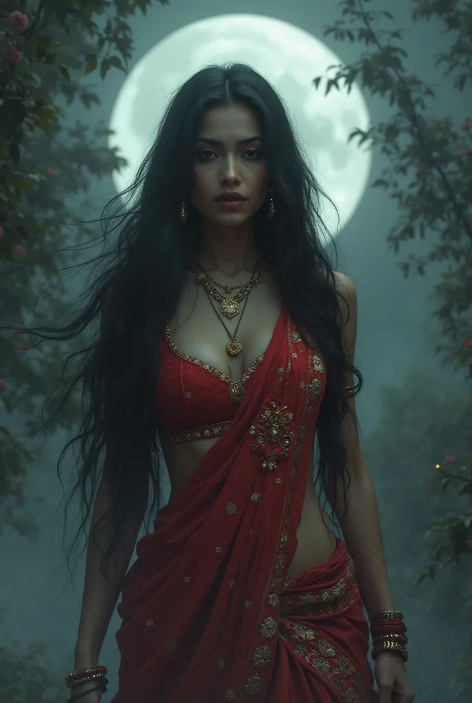 Create an ultra-detailed 4K fantasy portrait of erotic More beautiful than any woman ever born on earth  Dhan Yakshini, a divinely most beautiful and enchanting more of goddess. Glowing skin, seducing motion, She is standing in a dark, mystical horrible fo...