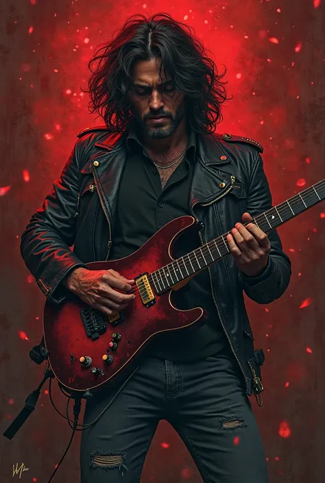  realistic illustration , Indonesian man curly hair long over shoulders wears black leather jacket and ripped jeans,smoking,electric guitar playing ,full body, background black rustic red ,dramatic image ,  cinematic ,UHD ,ultra detail,hyper realistic,  ma...