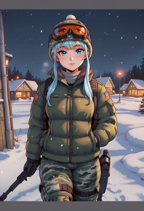 a girl with ski mask, wearing a camouflage jacket, camouflage balaclava, carrying a tactical backpack, black gloves, camouflage pants and army boots, walking through a snowy village in the evening, 8k, high resolution, best quality, masterpiece, ultra-deta...