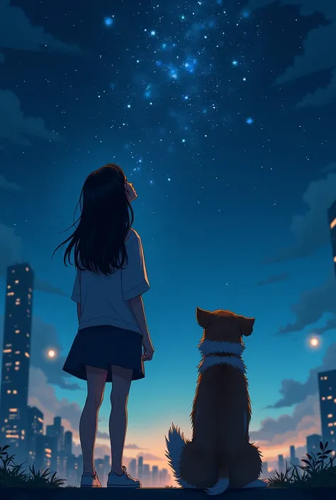 Backview of city girl  and her dog looking up at the sky to watch stars in the same direction 