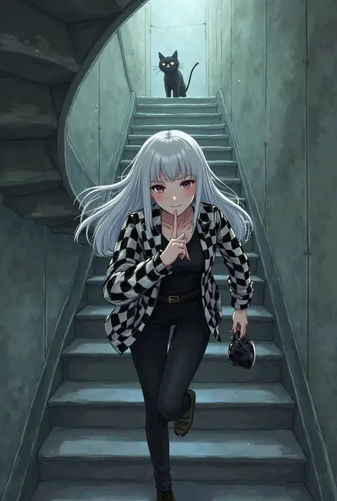  A young adult woman falling down an endless spiral staircase. She has long white hair with bangs and she is wearing a black and white checkered jacket over a black jumpsuit. She is smirking and holding her finger to her lips. She is holding a mask on the ...