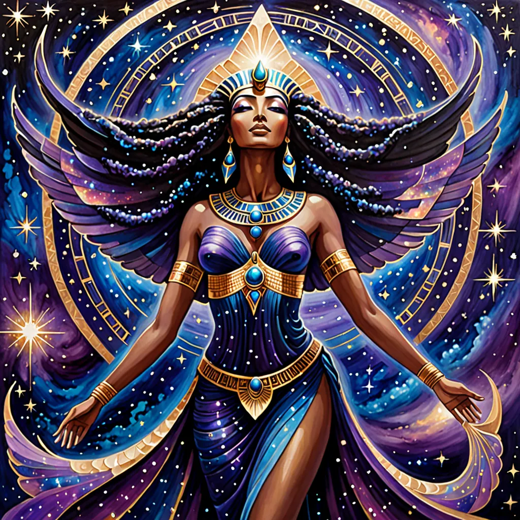 An abstract painting depicting the Egyptian goddess Nuit. She is represented as a cosmic figure arching over the universe, her body adorned with shimmering stars and nebulae. Her dark, ethereal form stretches across a deep blue and purple celestial backgro...