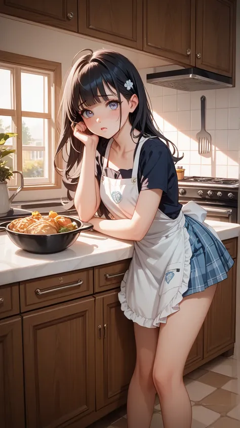 1 girl, higher price,kitchen,Begging,Shy,leaning forward,1 girl,black hair,While confused