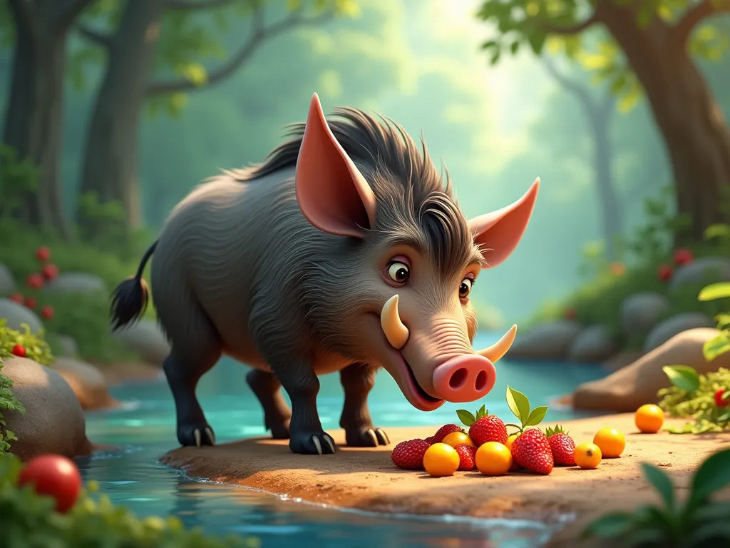 Wild boar eating fruit next to stream (3d cartoon pictures)