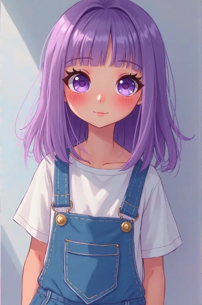 Cute girl wearing blue denim jumpsuit over white t-shirt with big purple eyes with straight purple hair