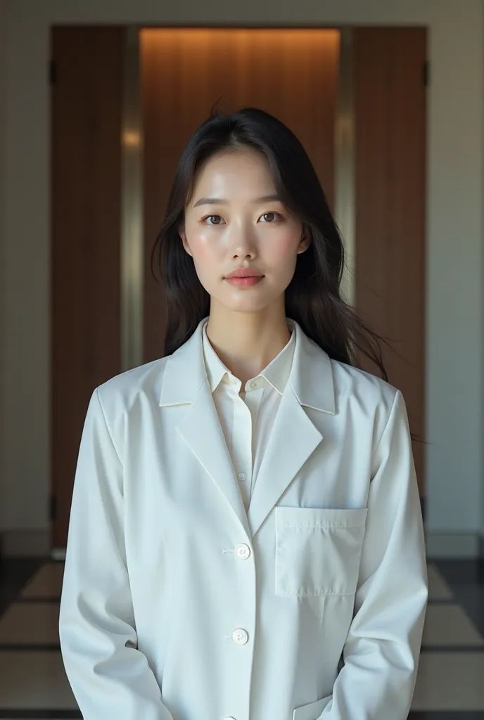 a beautiful female doctor with a Korean face, long hair, wearing a doctor's uniform, was standing in front of the VIP room. 35mm film. real photo