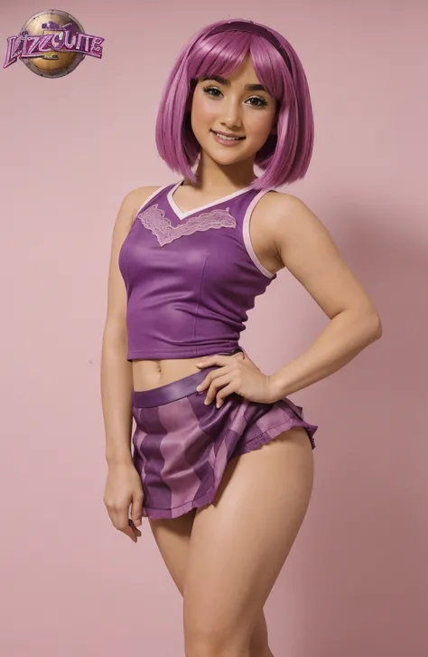 (((  chica))) ,( sexy chica),   Purple denim short skirt and lace tights, Stephanie from lazy town  High quality ,Cabello de meñiquis,((lifting)), ( curvilinear, iscote profundo), Pechos grandis,  High quality, (is),  behind 