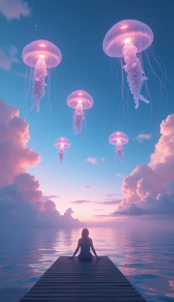 "A breathtaking scene where the sky is an endless ocean, filled with massive, glowing jellyfish floating like airships. Ethereal whales glide between the clouds, their bodies shimmering with an iridescent glow. The horizon blends soft pinks and deep blues,...