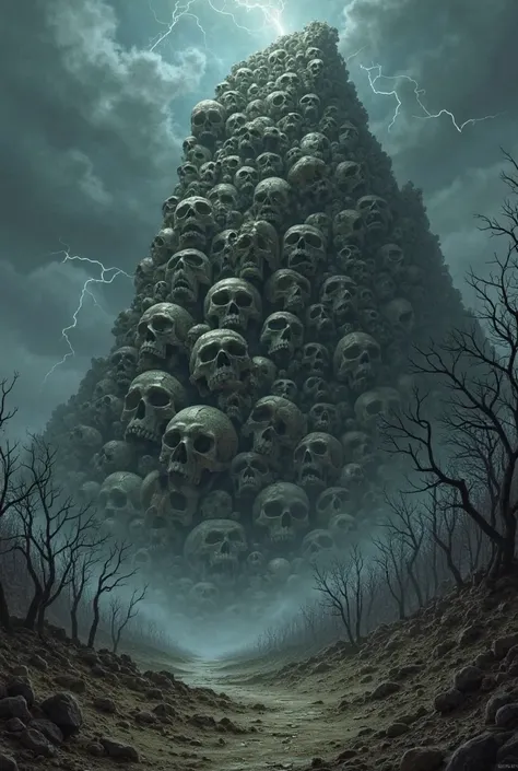 "A massive mountain of human skulls, towering against a dark, foggy landscape. The skulls vary in size and condition—some old and cracked, others fresher. In the background, a stormy, ominous sky with occasional lightning strikes. Surrounding the mountain ...