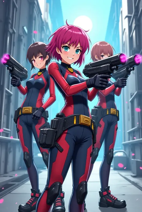 create an anime character, short-haired girl with two flying rocket launchers, anime assistants