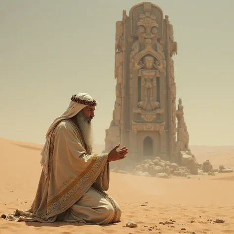 An Arab sheikh in an old Arabic dress kneels to an idol in the desert
