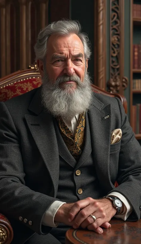 Wealthy man in his mid 60s. he should have thick gray beard.