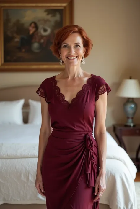 The photo shows an elegant woman in her 50s with short wavy red hair standing in a cozy bedroom. She is wearing a stylish burgundy set, consisting of a short top with lace trim and long sleeves, and a tight skirt with draping and ties on the sides. The wom...