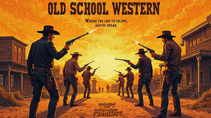 Stunningly detailed, high-contrast YouTube cover illustration of the classic western movie "Old School Western" depicting full-length standing cowboys with cowboy guns shooting at each other , dressed as cowboys, against a warm landscape with cowboy gunfig...