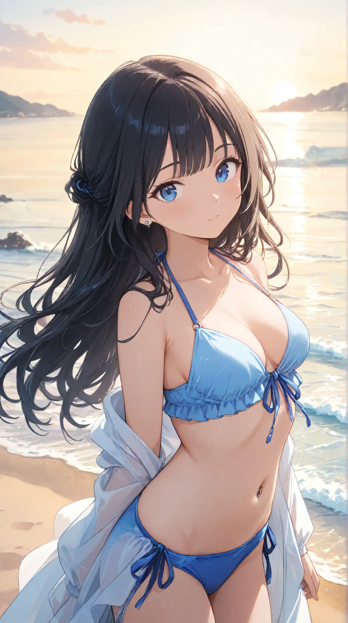 masterpiece,large breasts, long hair, (black hair1.5) , bangs, （1girl1.5）, 青リボン、Blue hairs ornament, 18 years old、breast focus、looking at viewer，full body，beach shorts,sea