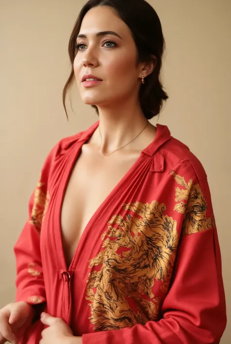 best quality, highres, 8k, masterpiece, photography, detailed midbody photorealistic portrait. Mandy Moore wears a rich red yukata featuring intricate dragon and phoenix motifs, symbolizing power and grace. The fabric is light yet luxurious, with gold thre...
