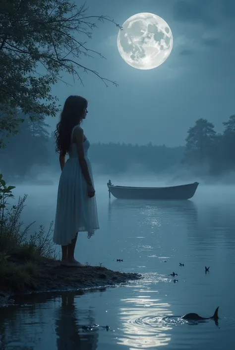 a young woman stands by a calm lake at night, gazing at her reflection in the water. the full moon shines above, its light merging with her reflection, creating the illusion of two souls embracing. gentle ripples shimmer on the water’s surface, and a few s...