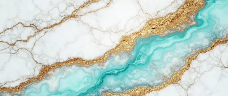 White marble with turquoise and gold streaks. panaroma wallpaper, repetating texture, 8k, UHD