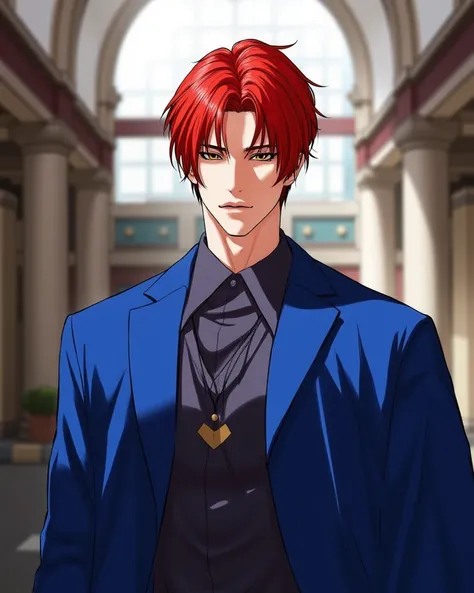 1Nice looking man, short red hair, yellow eyes, sturdy body, tall, wearing a school uniform, wearing a cool blue robe, school background, high definition, depth of field, best quality, 