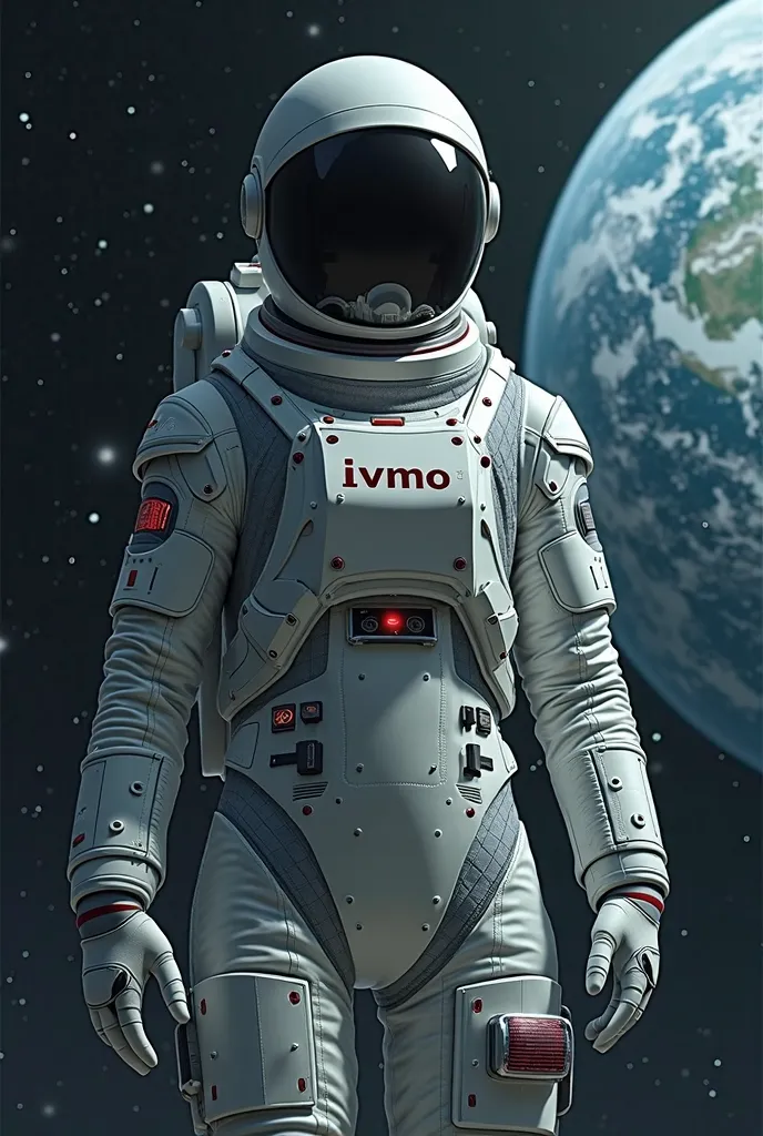 An astronaut suit with the word "Ivmo" In his suit and in the background the Earth man 