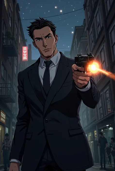 Create a secret government agent in anime, He is wearing a black suit putting up with a pistol and the bullet hitting one of the thugs, The scene is the night in an alley the image is horizontal.