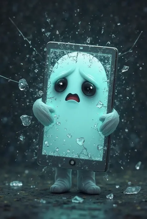 There will be broken screen and broken glass fragments inside a tablet with arms. At the same time, a cute ghost will come out of that fracture and hold a crying watch with his hands. The eyes of the tablet will be on the camera, while the mouth will be on...