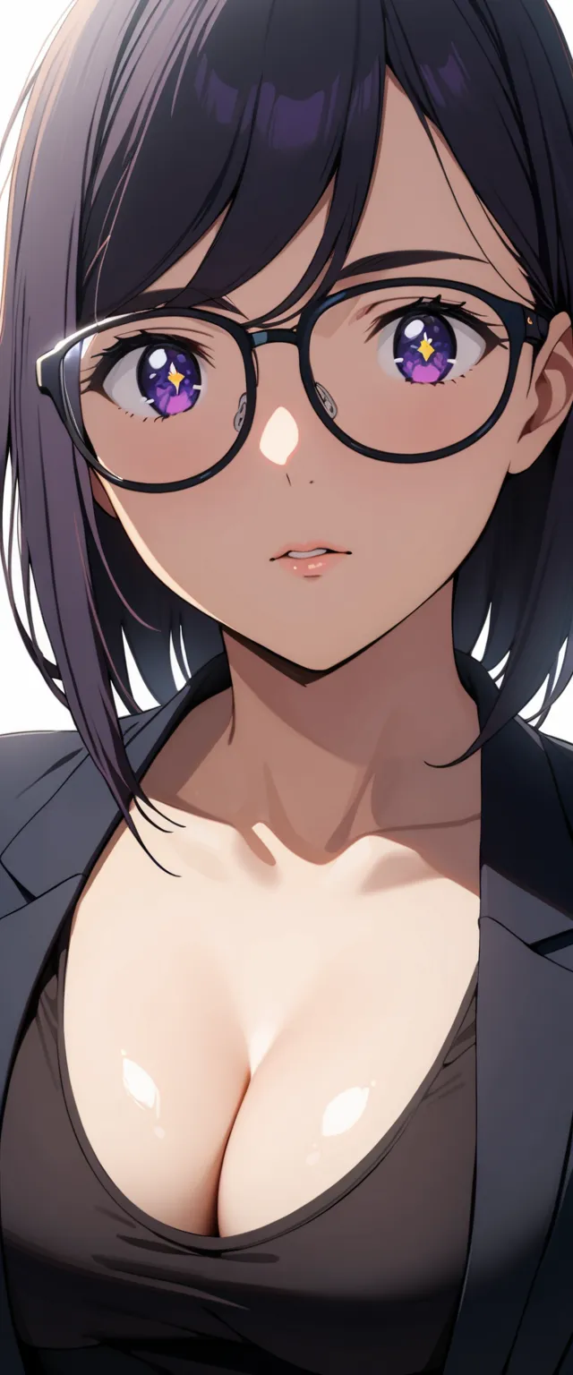 Hizuru Minakata, 1girl, black hair, shiny and well-defined hair strands, purple eyes, sparkling eyes, light reflection in eyes, subtle lip gloss, radiant skin glow, beautiful breasts, wearing a black jacket, black tank top, black trousers, suit, glasses, b...