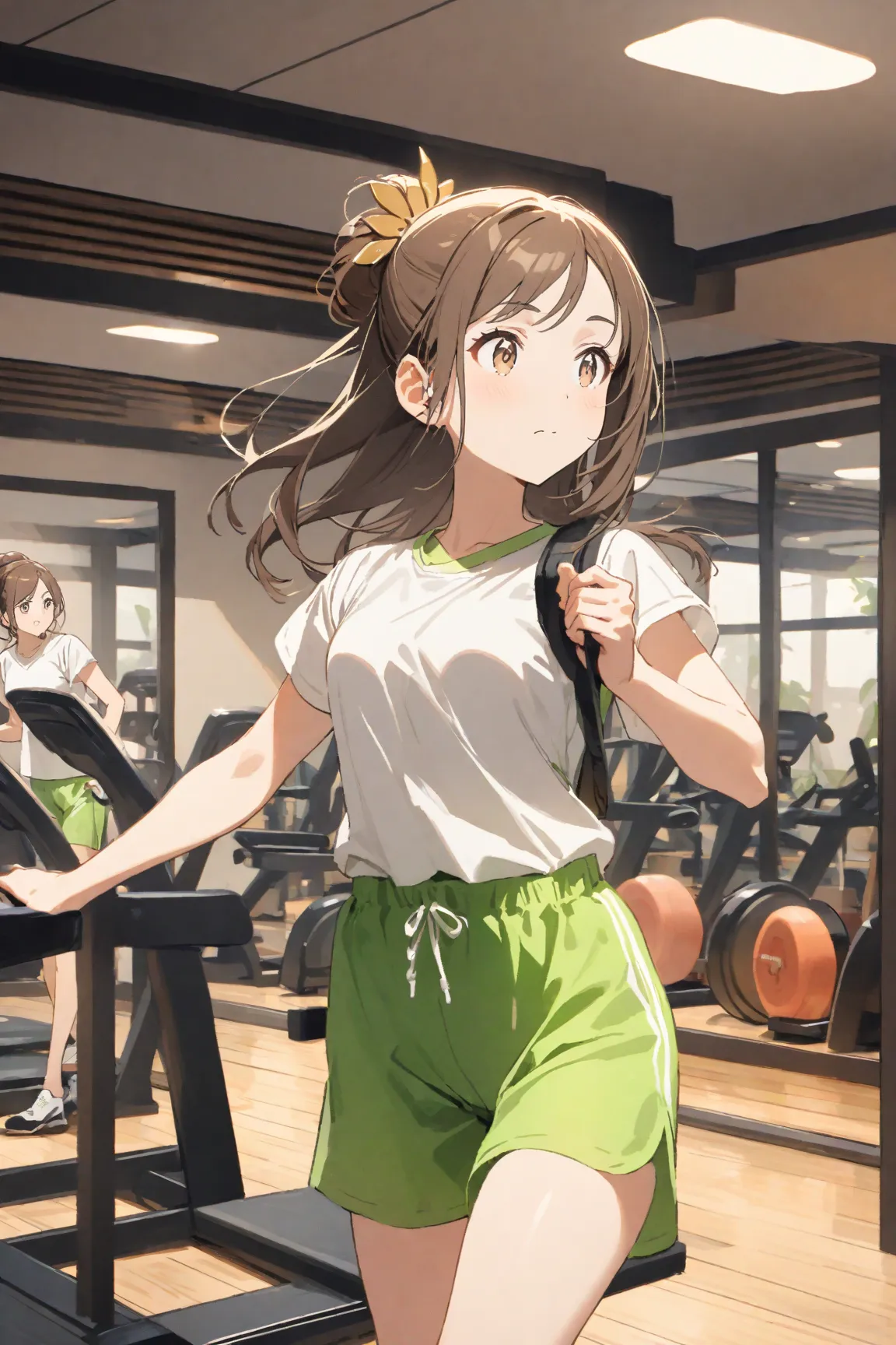 china-gym,kuramoto china,brown eyes,brown hair,long hair,hair ornament,white shirt,short sleeves,green shorts