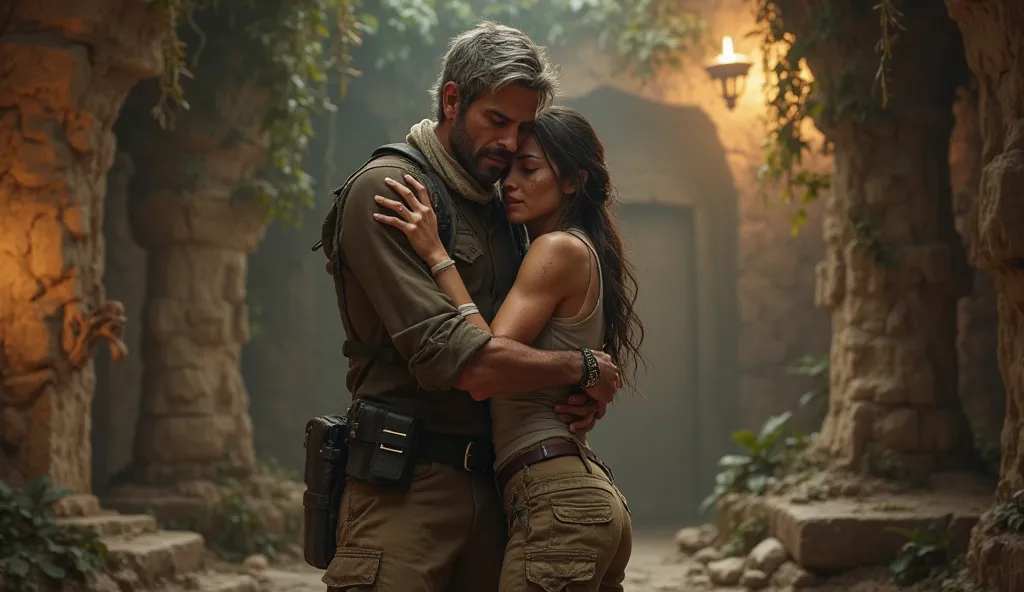 A cinematic, ultra-realistic scene of Conrad Roth hugging Lara Croft in an emotional moment, set in a mysterious, ancient Tomb Raider-style environment. Roth is a rugged, battle-hardened explorer with short, silver hair and a beard, wearing his signature o...