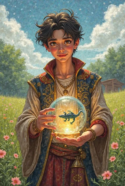 pasture, design a young man (Male Hair ) very lively fortuneteller with a crystal ball and a small lizard jumping out of the crystal ball . This adolescent fortuneteller must be designed to vary the scenes in the story, using the same character with differ...