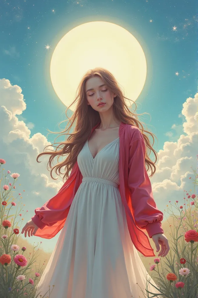 8 K, dreamy, deviantart, girl with long brown hair white dress and red jacket with sun and blue sky in the background , (masterpiece, best quality)