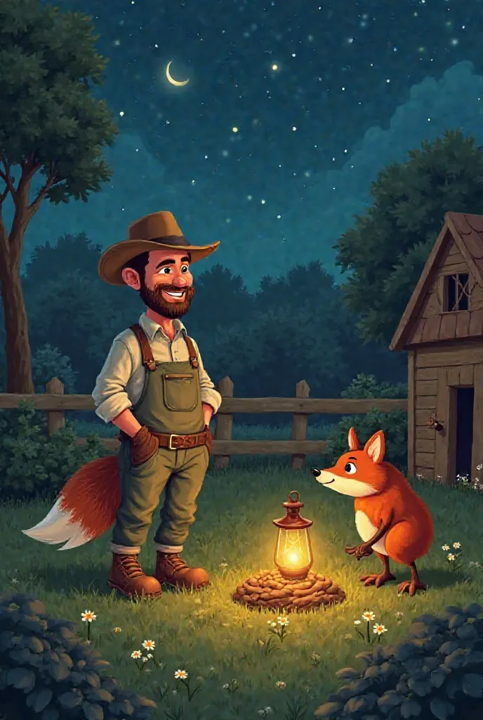 "Instead of being fooled, an intelligent farmer smiles knowingly as he sets a trap near his chicken coop. The fox, hiding behind a bush, watches curiously, unaware that the farmer is tricking it this time. The farm has a warm glow from a nearby lantern, wi...